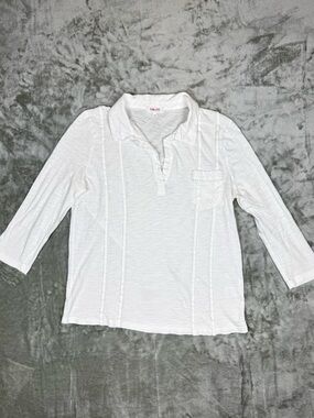 Goldie Lewinter White Slub Polo Top 3/4 Sleeve Semi Sheer Pima Cotton Small